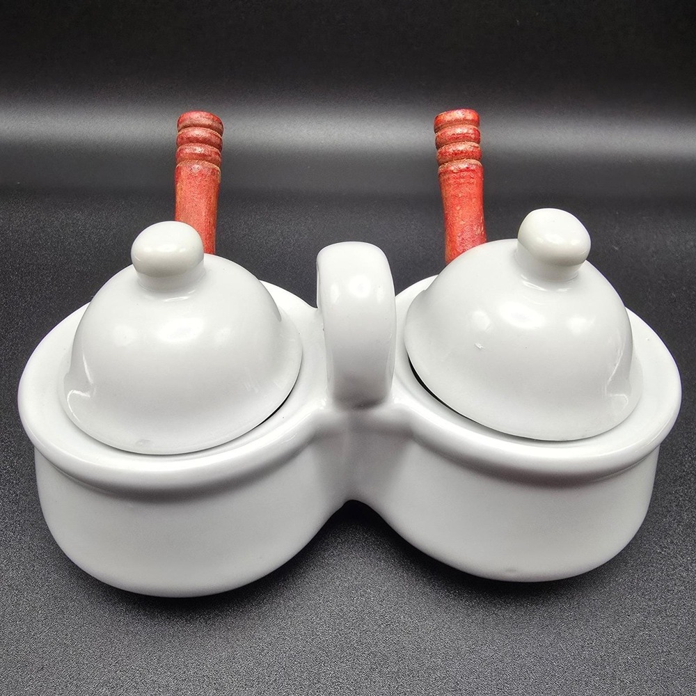 Houston Harvest HH‎ Double Ceramic Condiment Server Dish with Spoons White